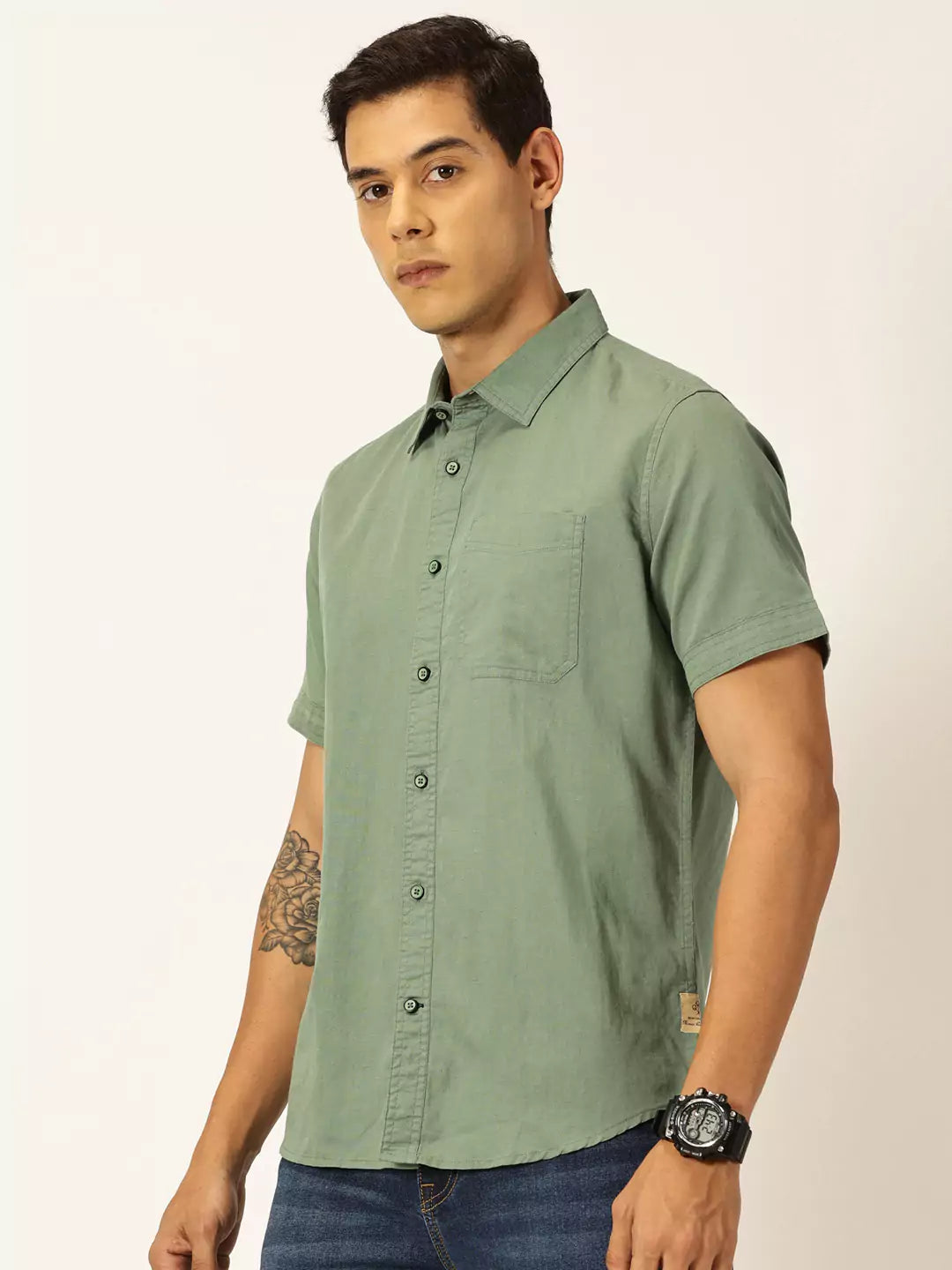 Thomas Scott Men Premium Spread Collar Cotton Linen Short Sleeves Casual Shirt