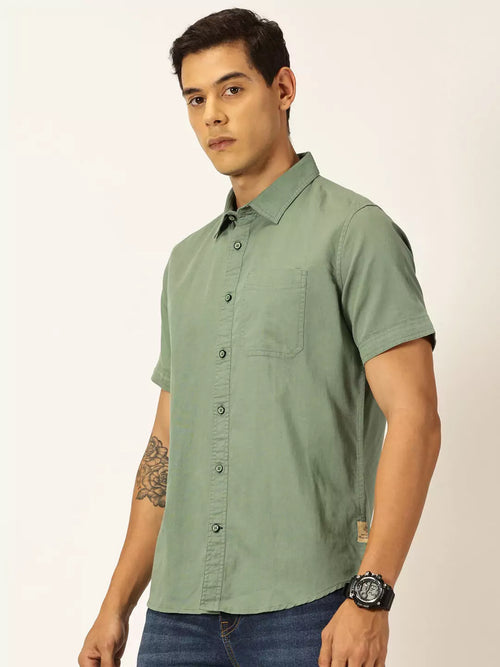 Thomas Scott Men Premium Spread Collar Cotton Linen Short Sleeves Casual Shirt