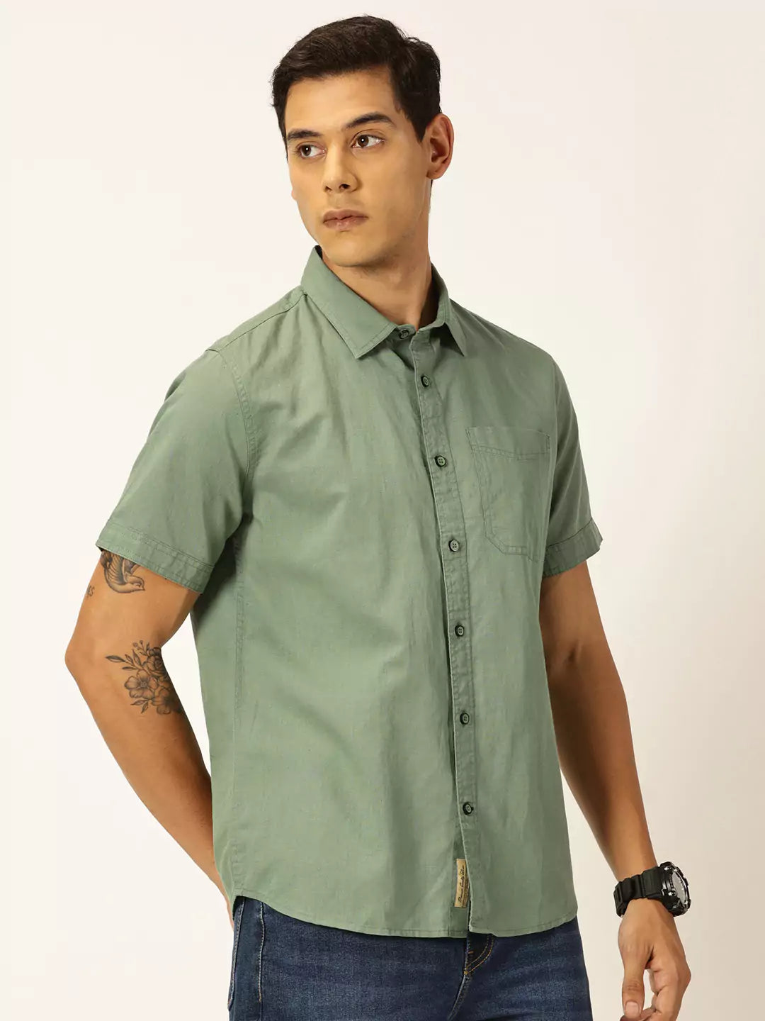 Thomas Scott Men Premium Spread Collar Cotton Linen Short Sleeves Casual Shirt