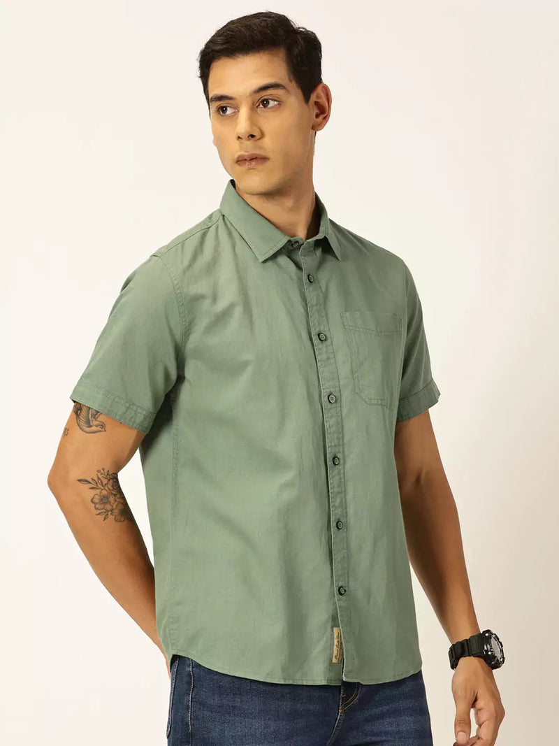 Thomas Scott Men Premium Spread Collar Cotton Linen Short Sleeves Casual Shirt