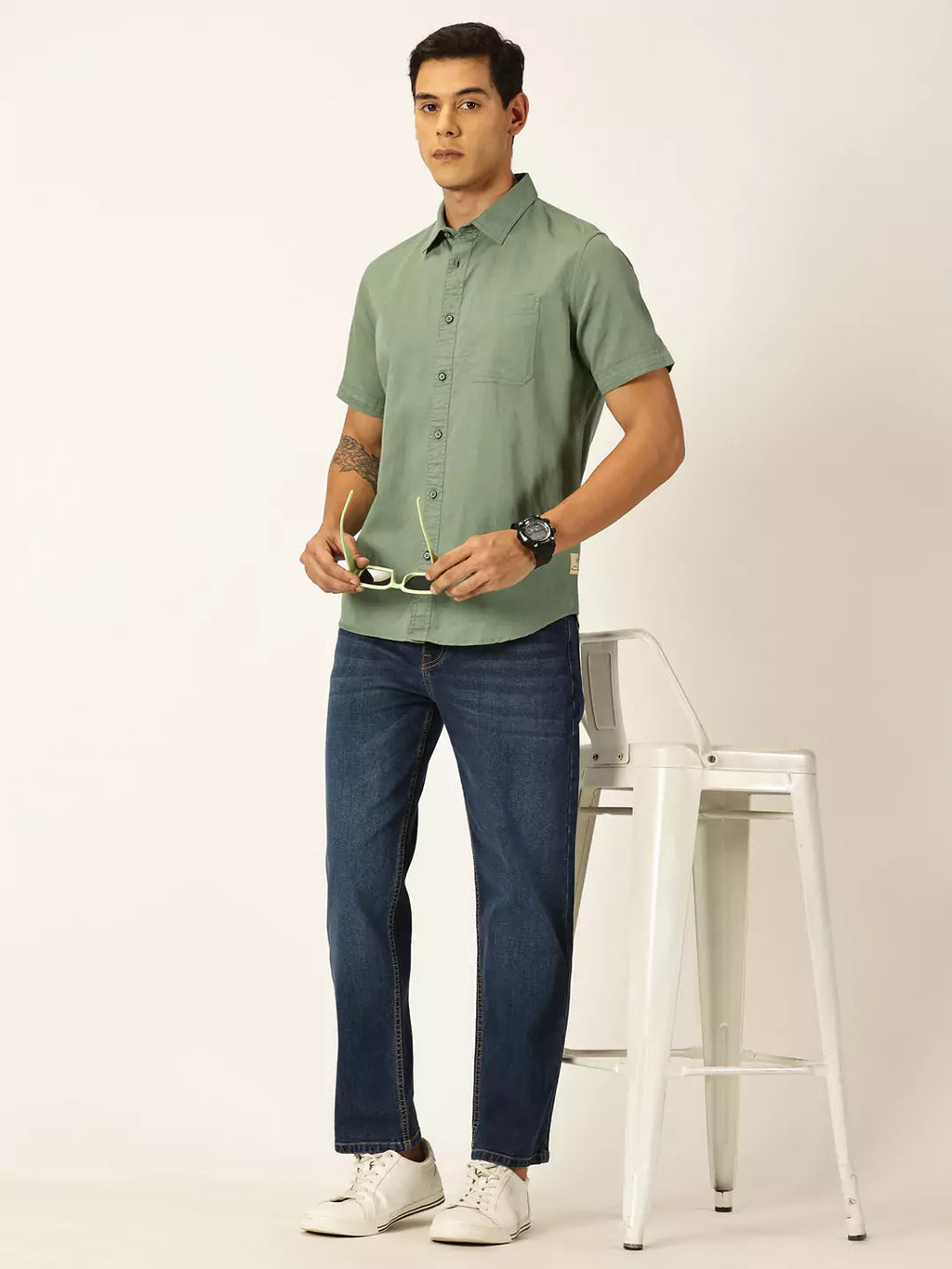 Thomas Scott Men Premium Spread Collar Cotton Linen Short Sleeves Casual Shirt