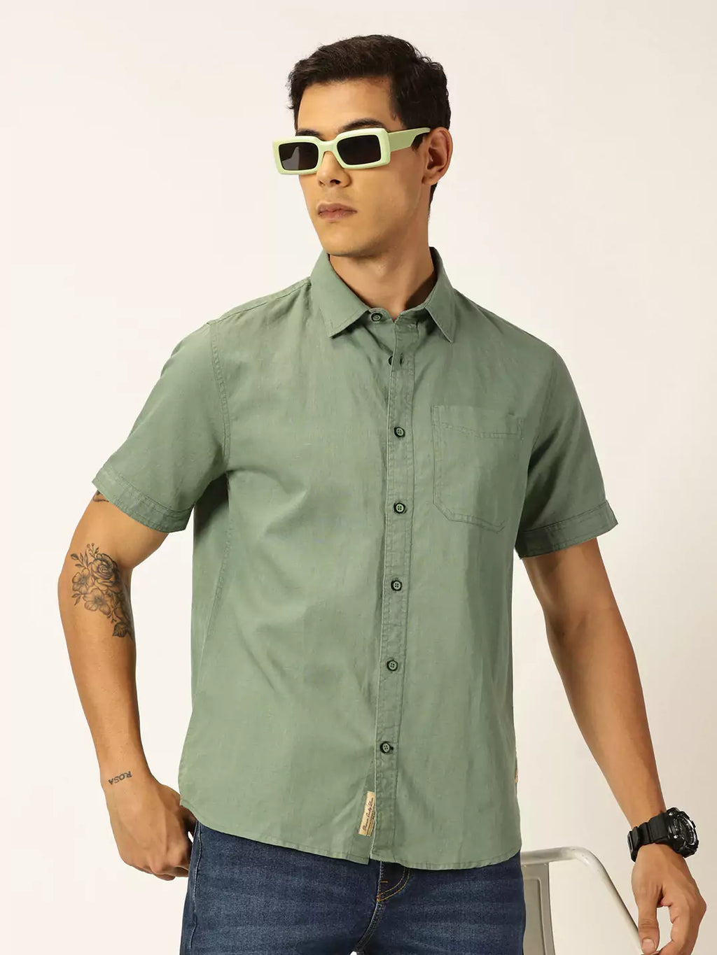 Thomas Scott Men Premium Spread Collar Cotton Linen Short Sleeves Casual Shirt