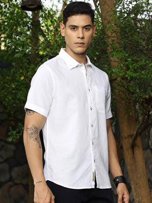 White Solid Premium Linen Opaque Casual Shirt For Men