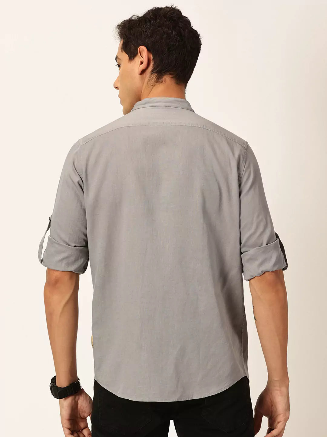 Thomas Scott Men Premium Slim Fit Long Sleeves Mandarin Collar Cotton Linen Casual Shirt