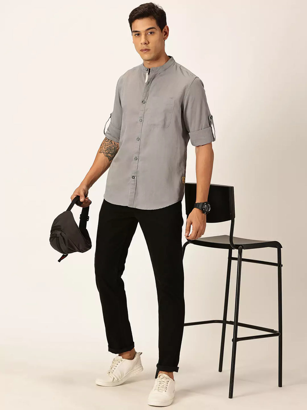 Thomas Scott Men Premium Slim Fit Long Sleeves Mandarin Collar Cotton Linen Casual Shirt