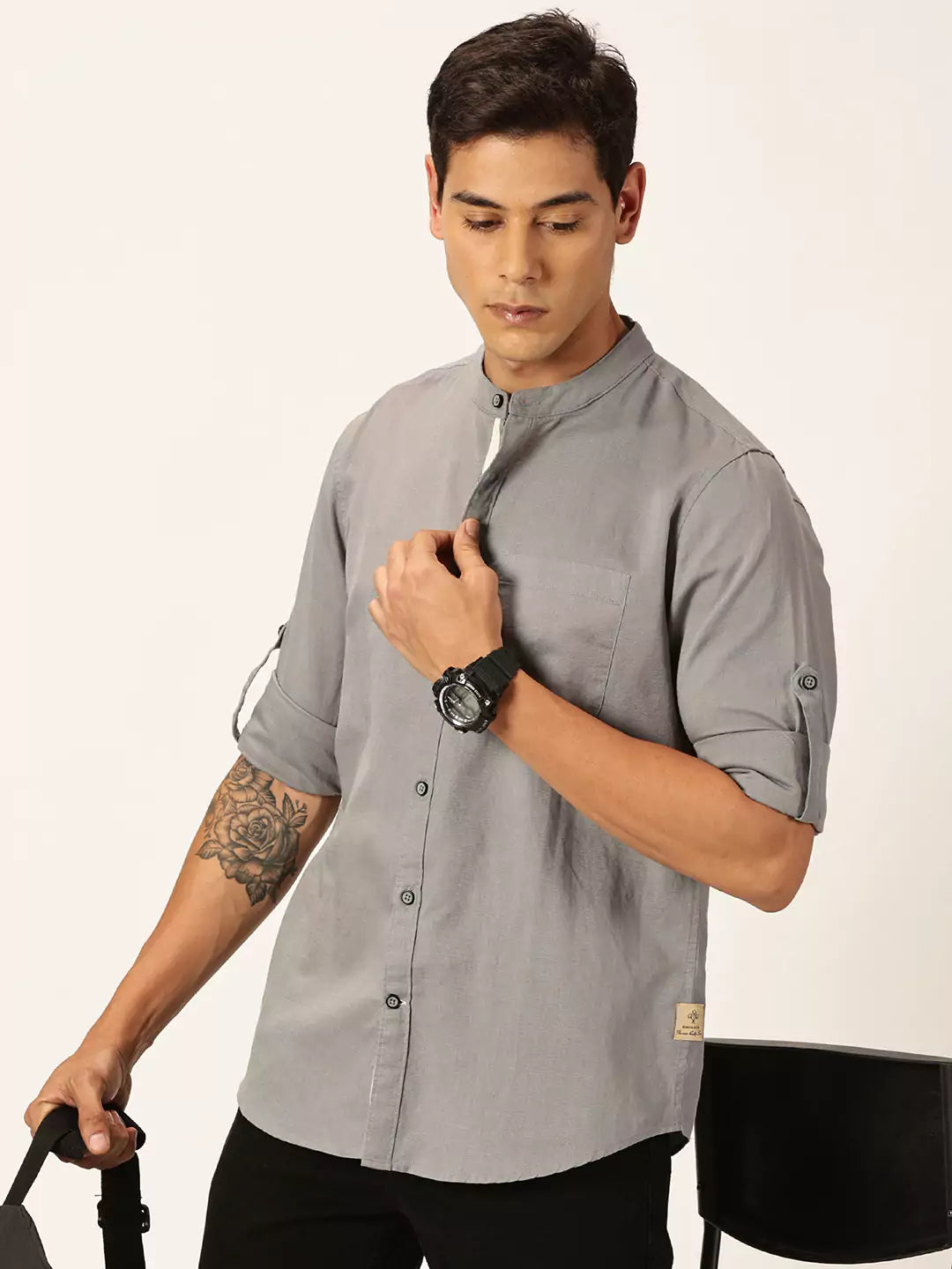Thomas Scott Men Premium Slim Fit Long Sleeves Mandarin Collar Cotton Linen Casual Shirt