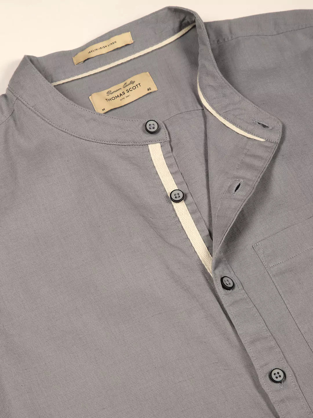 Thomas Scott Men Premium Slim Fit Long Sleeves Mandarin Collar Cotton Linen Casual Shirt