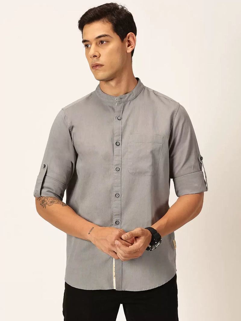 Thomas Scott Men Premium Slim Fit Long Sleeves Mandarin Collar Cotton Linen Casual Shirt