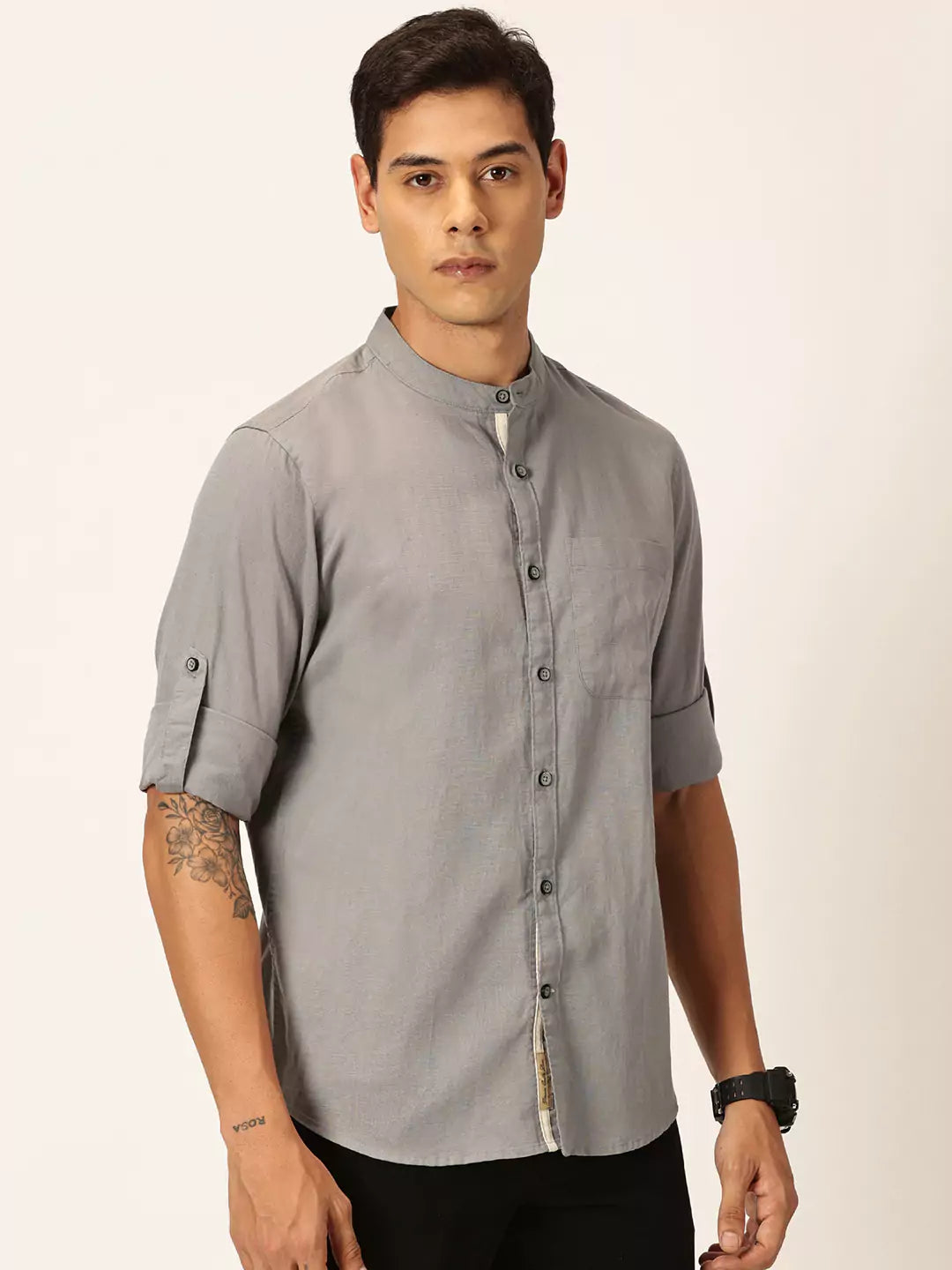 Thomas Scott Men Premium Slim Fit Long Sleeves Mandarin Collar Cotton Linen Casual Shirt