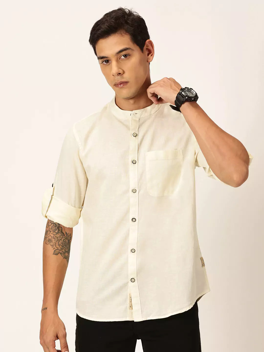 Thomas Scott Men Premium Linen Slim Fit Mandarin Collar Opaque Casual Shirt