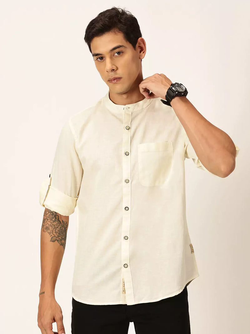 Thomas Scott Men Premium Linen Slim Fit Mandarin Collar Opaque Casual Shirt