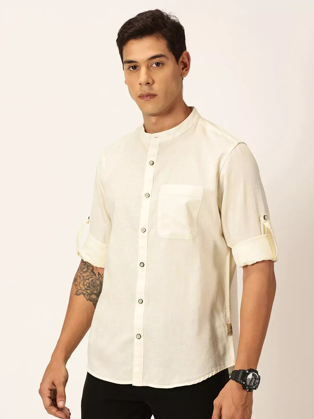 Thomas Scott Men Premium Linen Slim Fit Mandarin Collar Opaque Casual Shirt