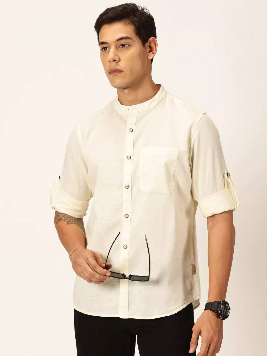 Thomas Scott Men Premium Linen Slim Fit Mandarin Collar Opaque Casual Shirt