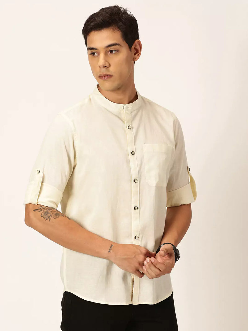 Thomas Scott Men Premium Linen Slim Fit Mandarin Collar Opaque Casual Shirt