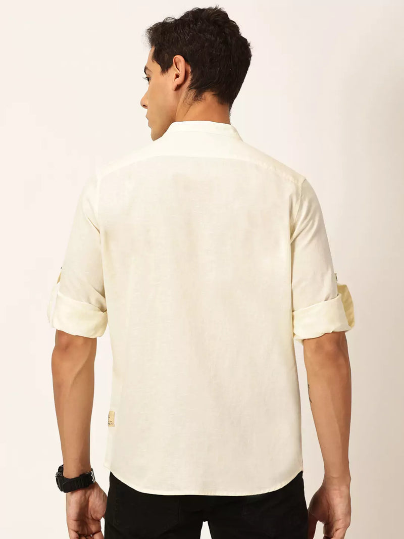 Thomas Scott Men Premium Linen Slim Fit Mandarin Collar Opaque Casual Shirt