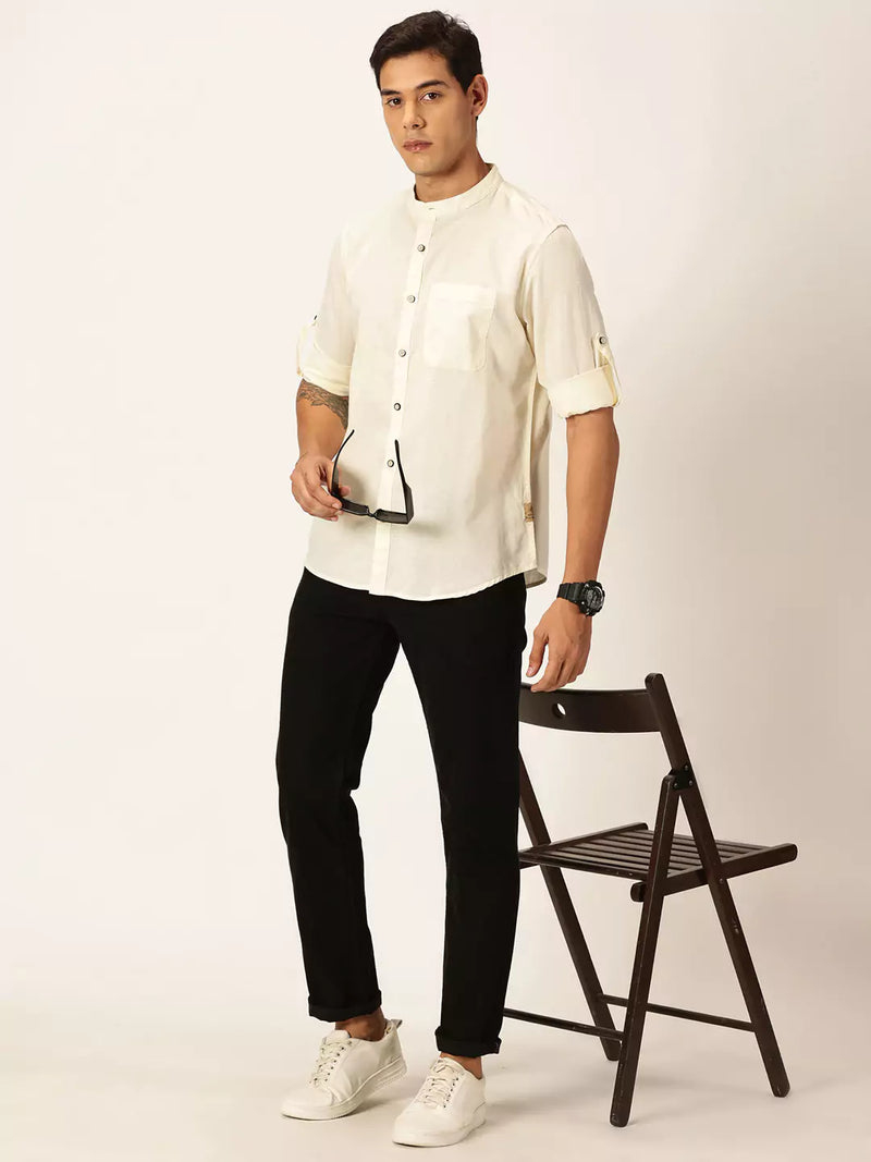 Thomas Scott Men Premium Linen Slim Fit Mandarin Collar Opaque Casual Shirt