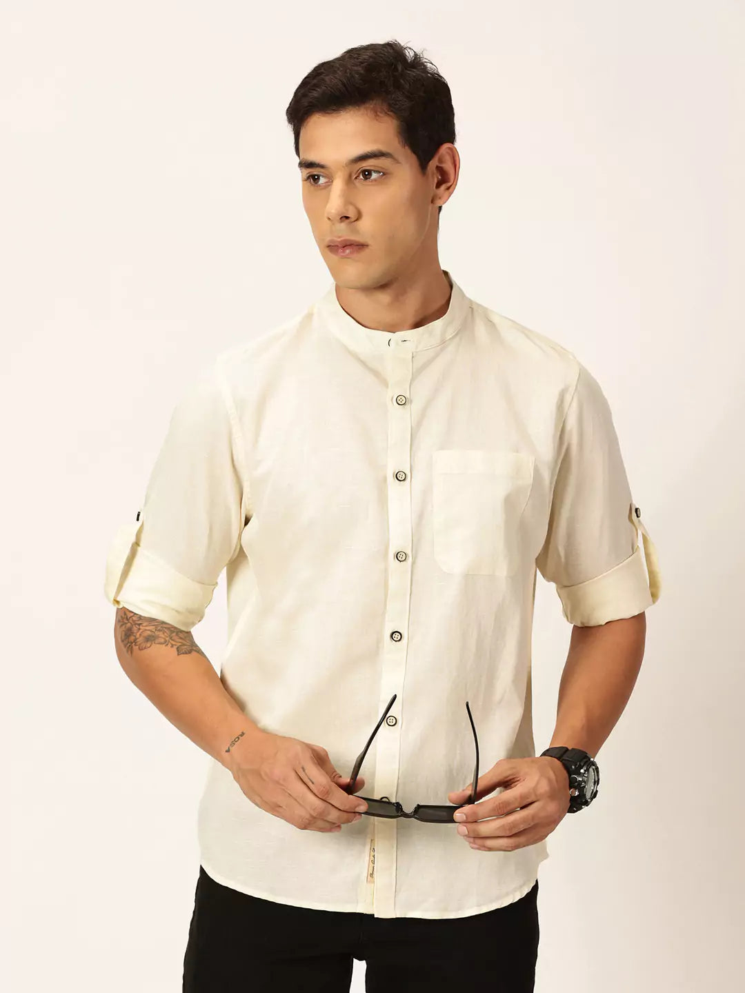 Thomas Scott Men Premium Linen Slim Fit Mandarin Collar Opaque Casual Shirt