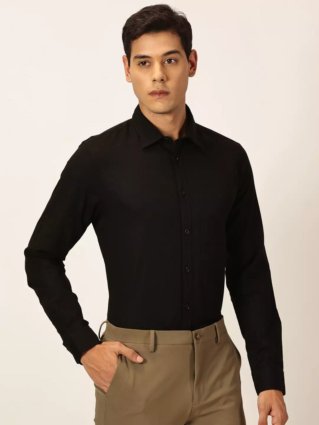 Thomas Scott Men Premium Slim Fit Long Sleeves Spread Collar Cotton Linen Formal Shirt