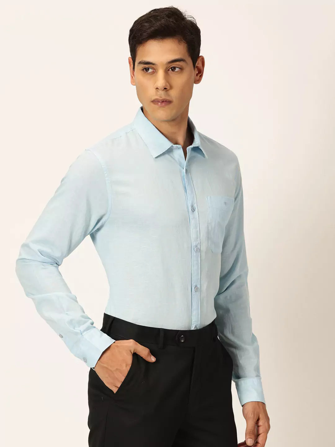 Thomas Scott Men Premium Slim Fit Long Sleeves Spread Collar Cotton Linen Formal Shirt