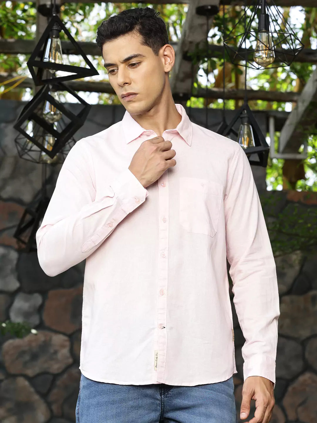 Thomas Scott Men Premium Spread Collar Long Sleeves Linen Cotton Casual Shirt