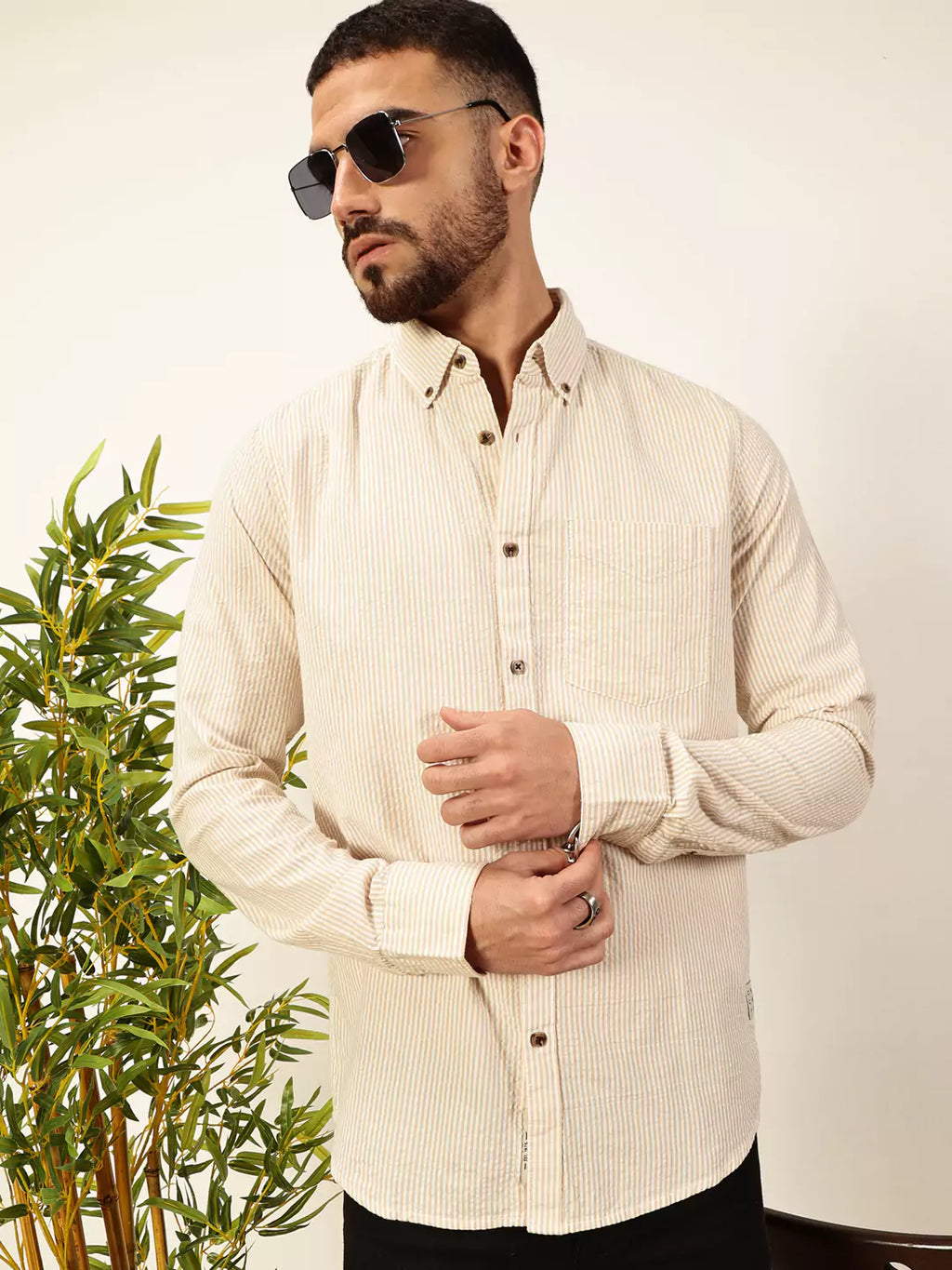 Thomas Scott Men Premium Slim Fit Striped Pure Cotton Casual Shirt