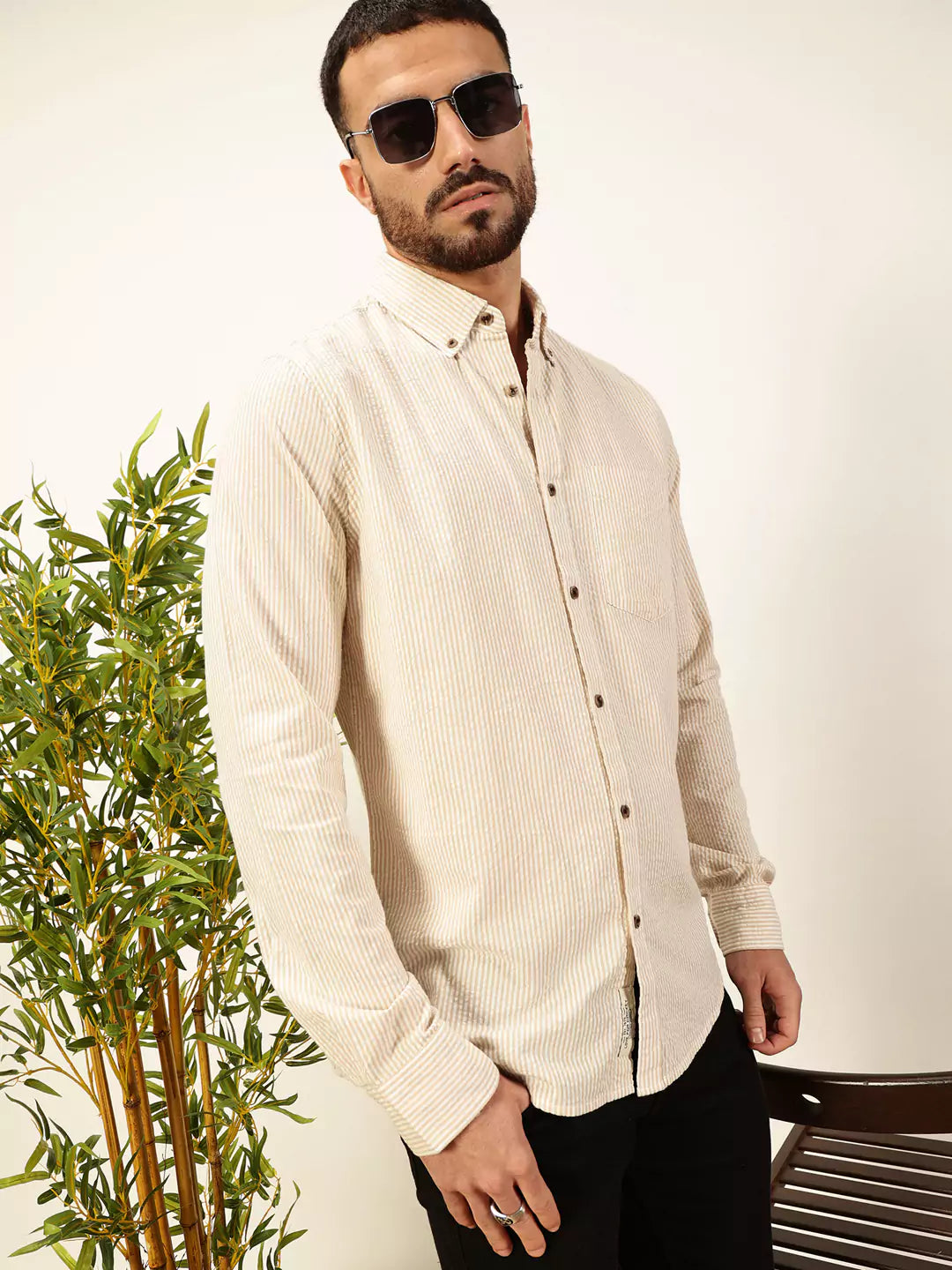 Thomas Scott Men Premium Slim Fit Striped Pure Cotton Casual Shirt