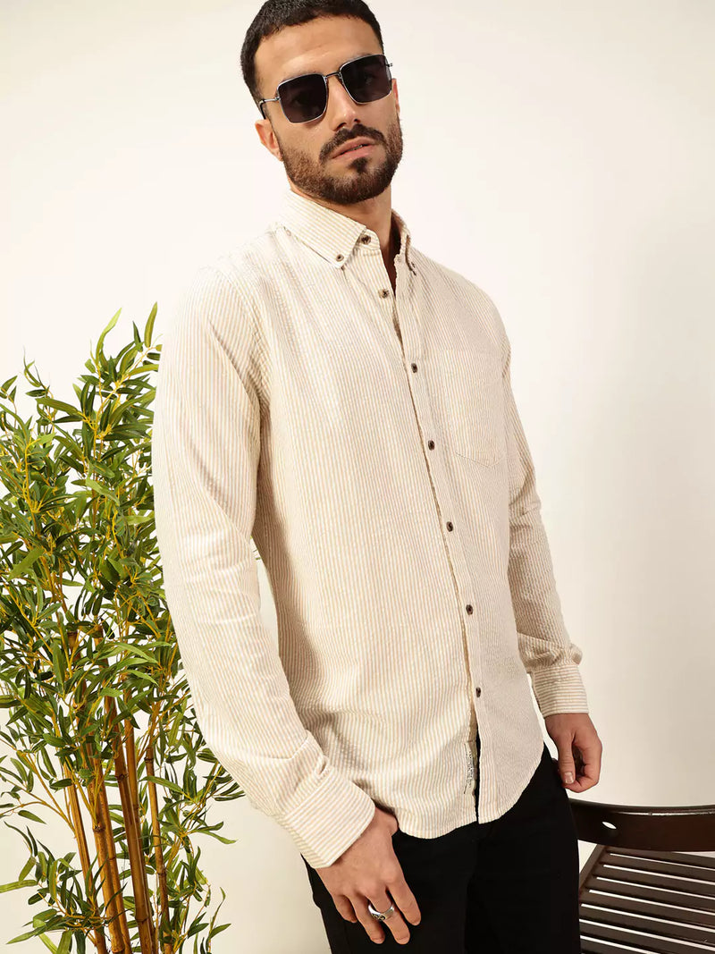 Thomas Scott Men Premium Slim Fit Striped Pure Cotton Casual Shirt