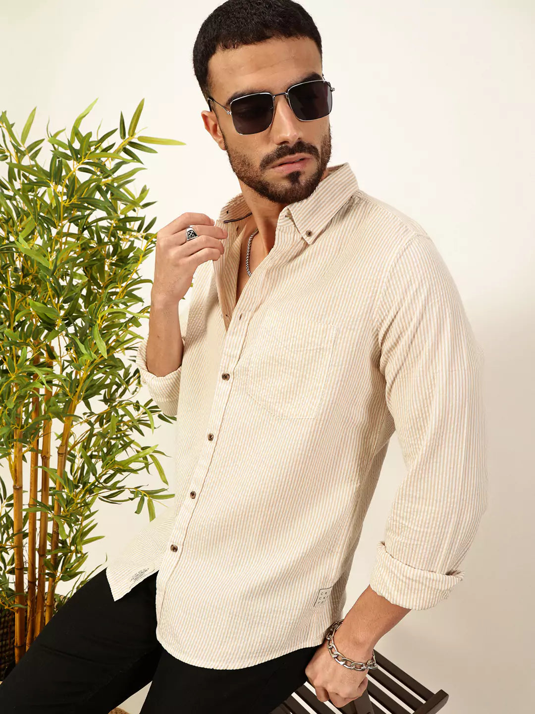 Thomas Scott Men Premium Slim Fit Striped Pure Cotton Casual Shirt