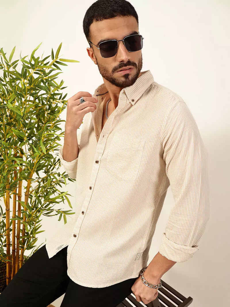 Thomas Scott Men Premium Slim Fit Striped Pure Cotton Casual Shirt