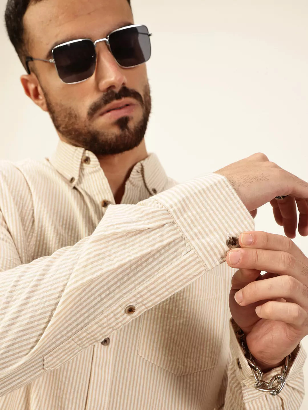 Thomas Scott Men Premium Slim Fit Striped Pure Cotton Casual Shirt