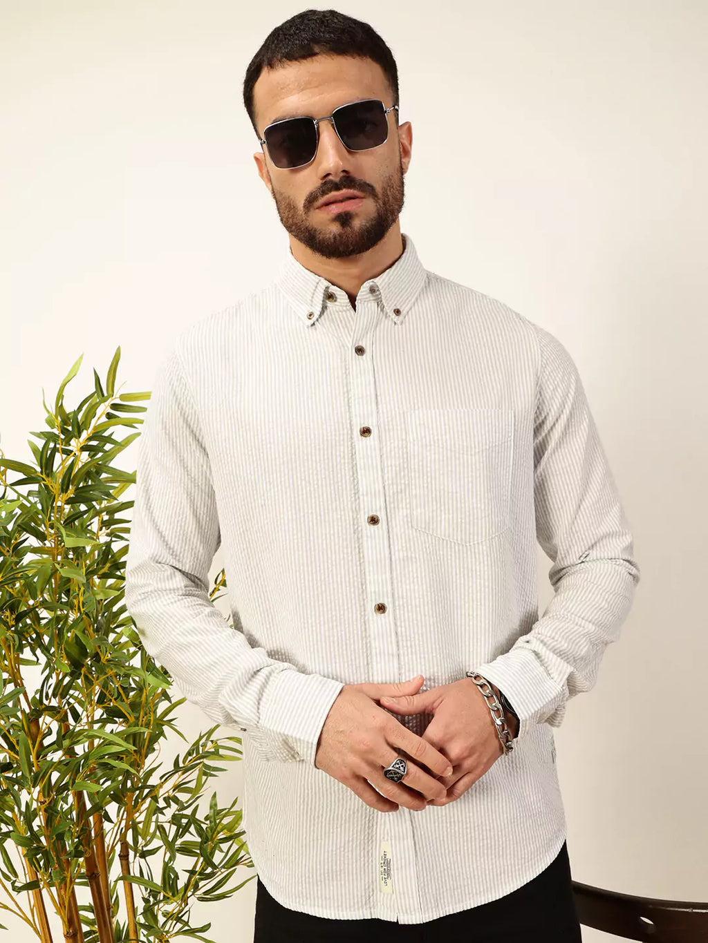 Thomas Scott Men Premium Slim Fit Striped Button-Down Collar Pure Cotton Casual Shirt