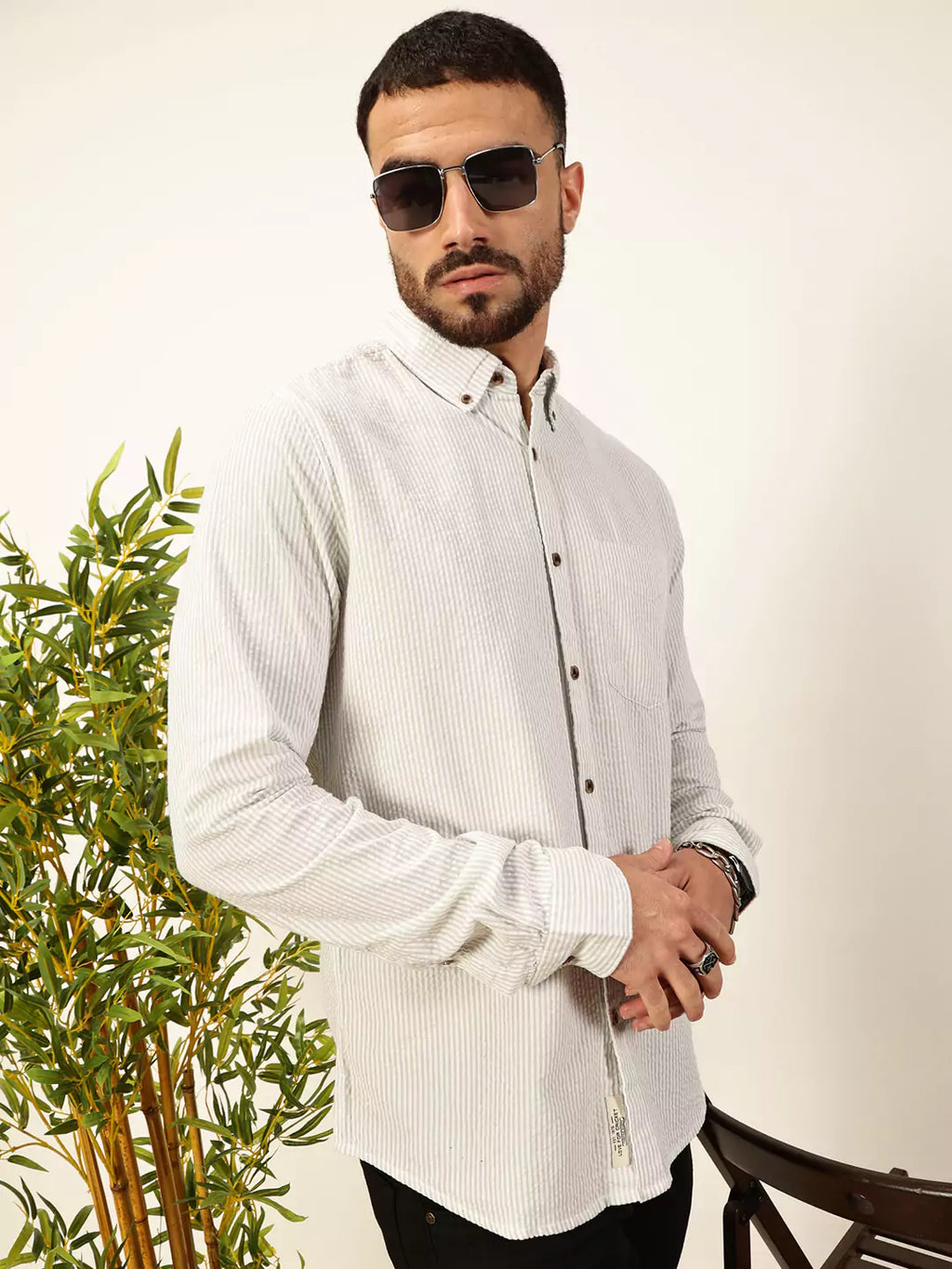 Thomas Scott Men Premium Slim Fit Striped Button-Down Collar Pure Cotton Casual Shirt