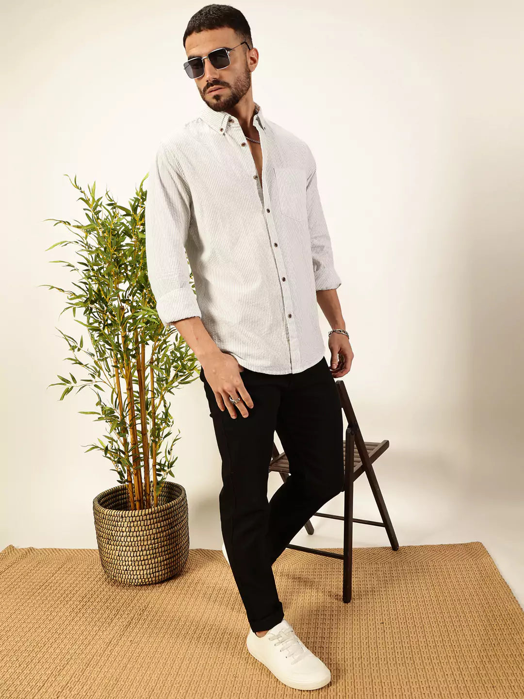 Thomas Scott Men Premium Slim Fit Striped Button-Down Collar Pure Cotton Casual Shirt