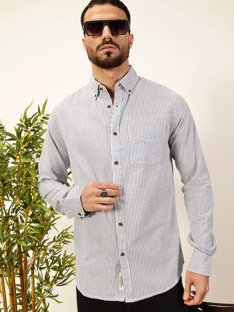 Thomas Scott Men Premium Slim Fit Striped Button-Down Collar Pure Cotton Casual Shirt