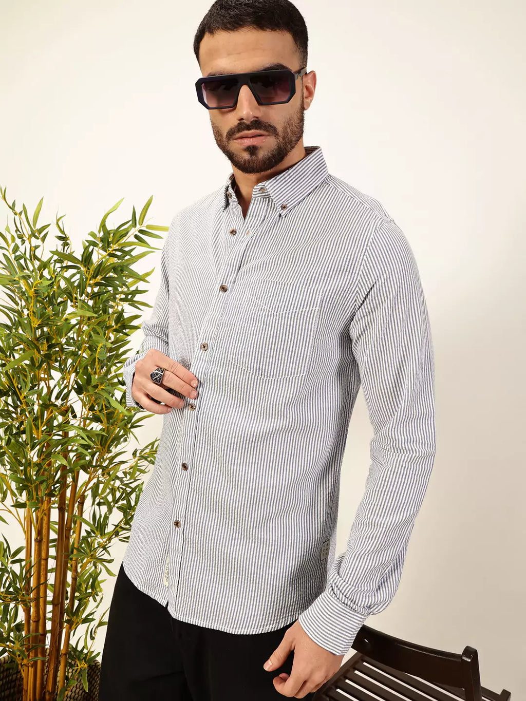 Thomas Scott Men Premium Slim Fit Striped Button-Down Collar Pure Cotton Casual Shirt