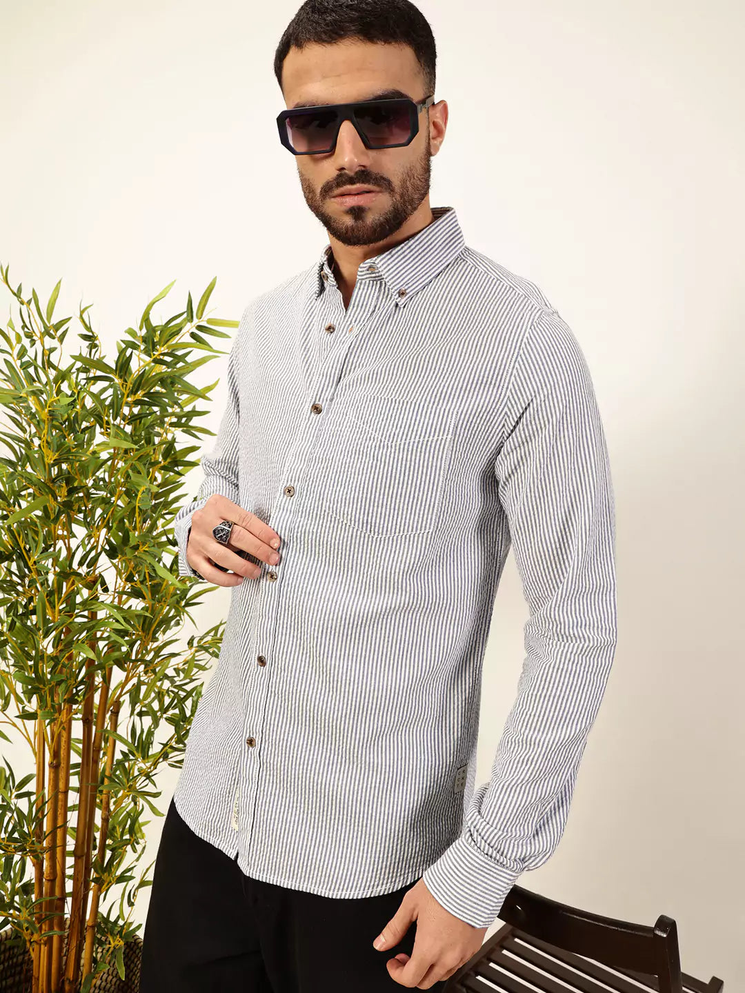 Thomas Scott Men Premium Slim Fit Striped Button-Down Collar Pure Cotton Casual Shirt