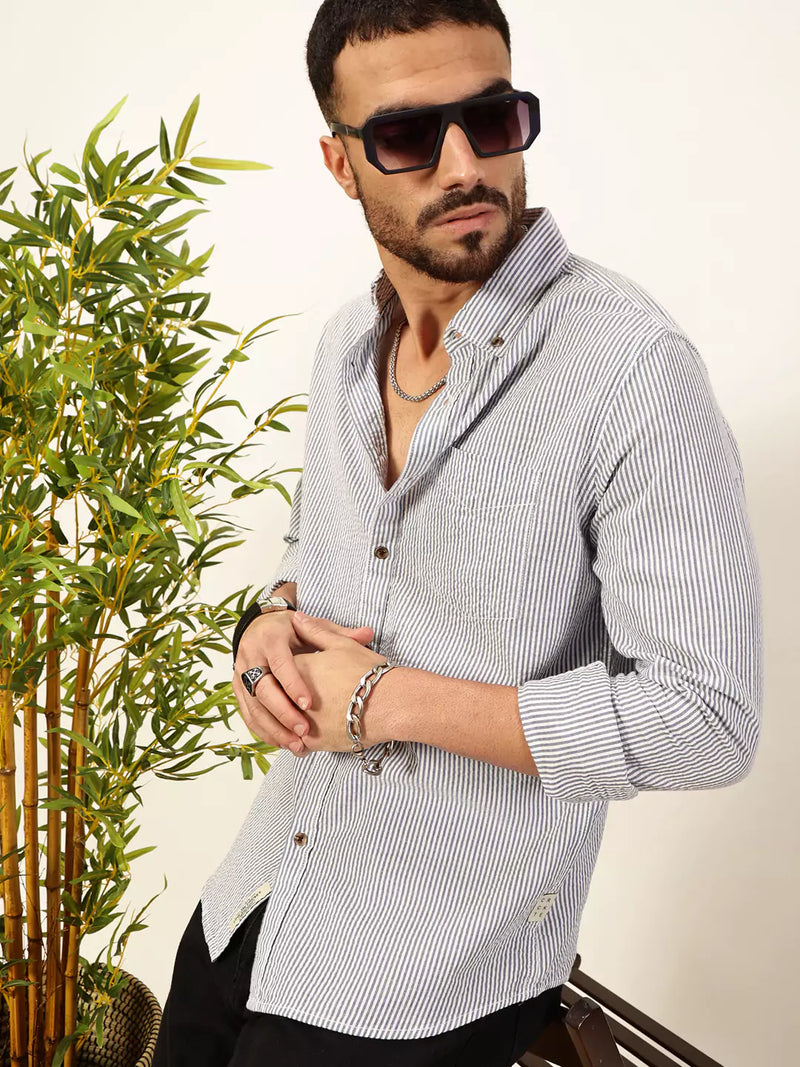 Thomas Scott Men Premium Slim Fit Striped Button-Down Collar Pure Cotton Casual Shirt