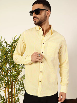 Yellow Premium Slim Fit Striped Button-Down Collar Pure Cotton Casual Shirt For Men
