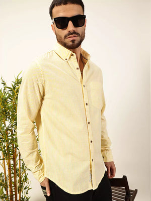 Yellow Premium Slim Fit Striped Button-Down Collar Pure Cotton Casual Shirt For Men