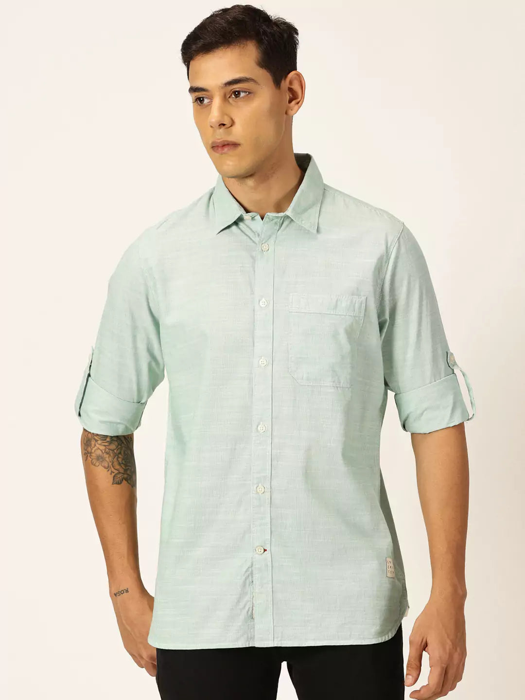 Thomas Scott Men Smart Pinstriped Roll Up Sleeves Pure Cotton Casual Shirt