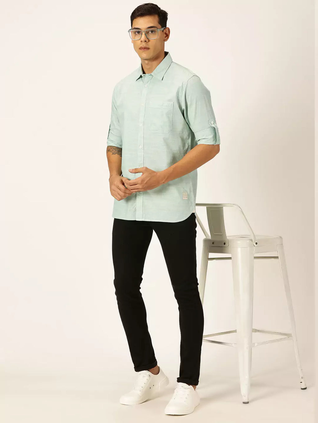 Thomas Scott Men Smart Pinstriped Roll Up Sleeves Pure Cotton Casual Shirt