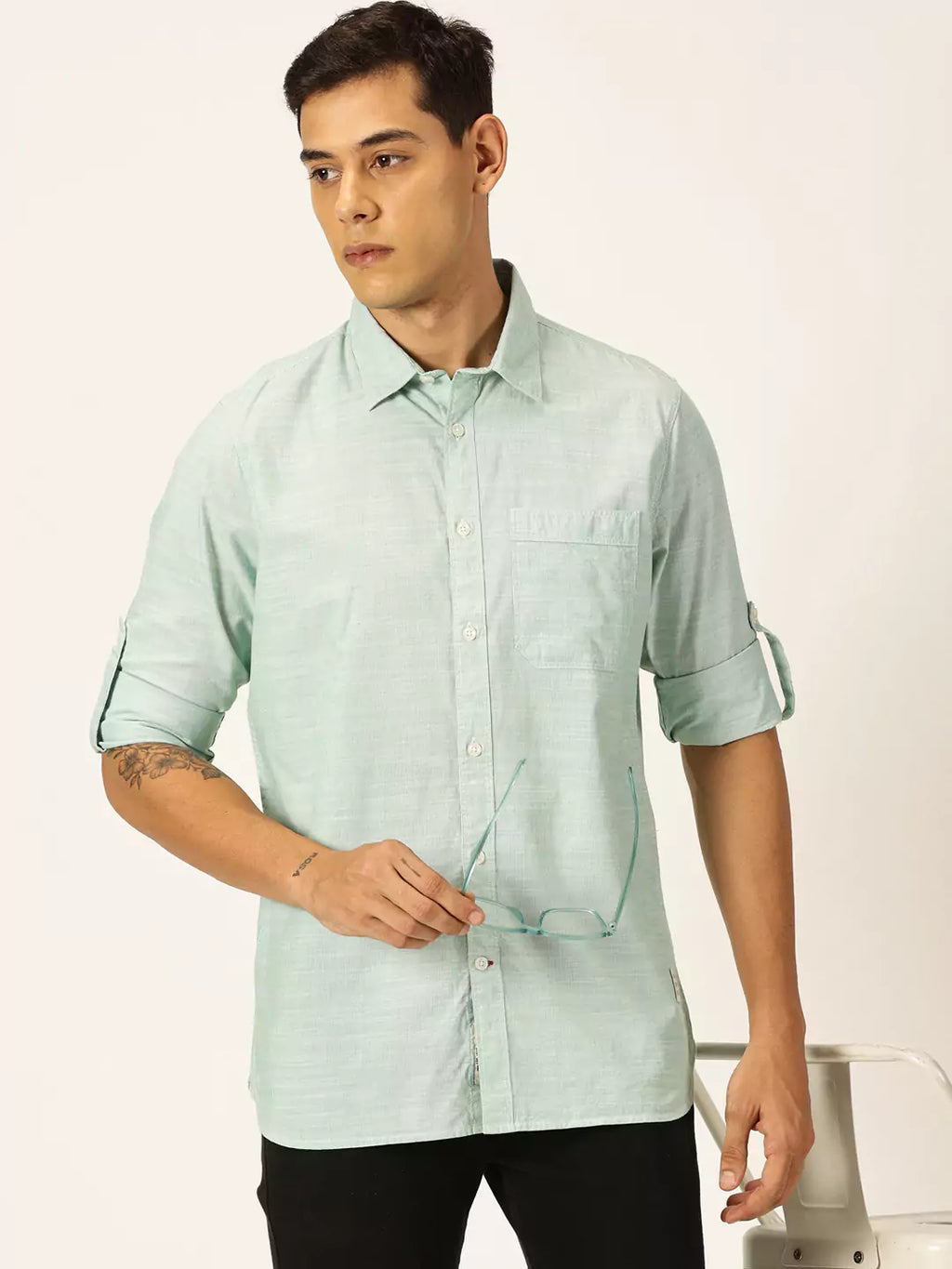 Thomas Scott Men Smart Pinstriped Roll Up Sleeves Pure Cotton Casual Shirt