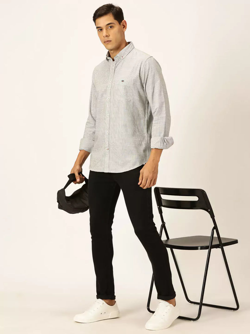 Thomas Scott Men Smart Pinstriped Button Down Collar Pure Cotton Casual Shirt