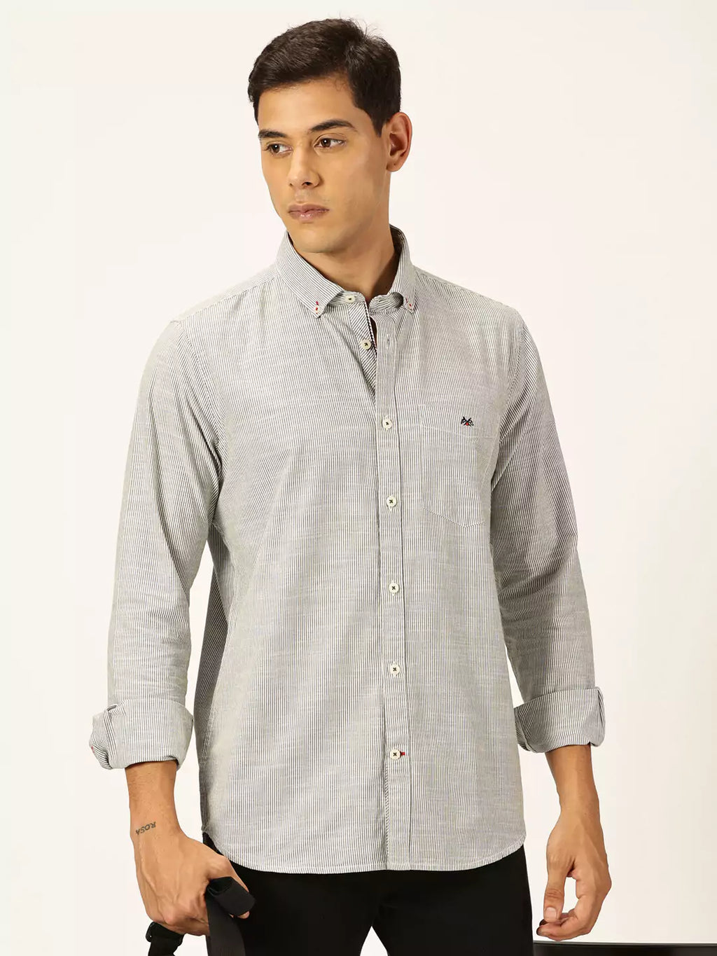 Thomas Scott Men Smart Pinstriped Button Down Collar Pure Cotton Casual Shirt