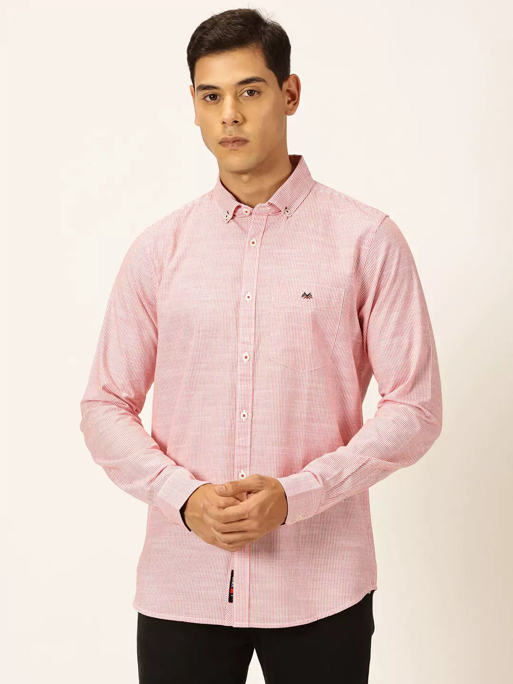 Thomas Scott Men Smart Pinstriped Button Down Collar Pure Cotton Casual Shirt