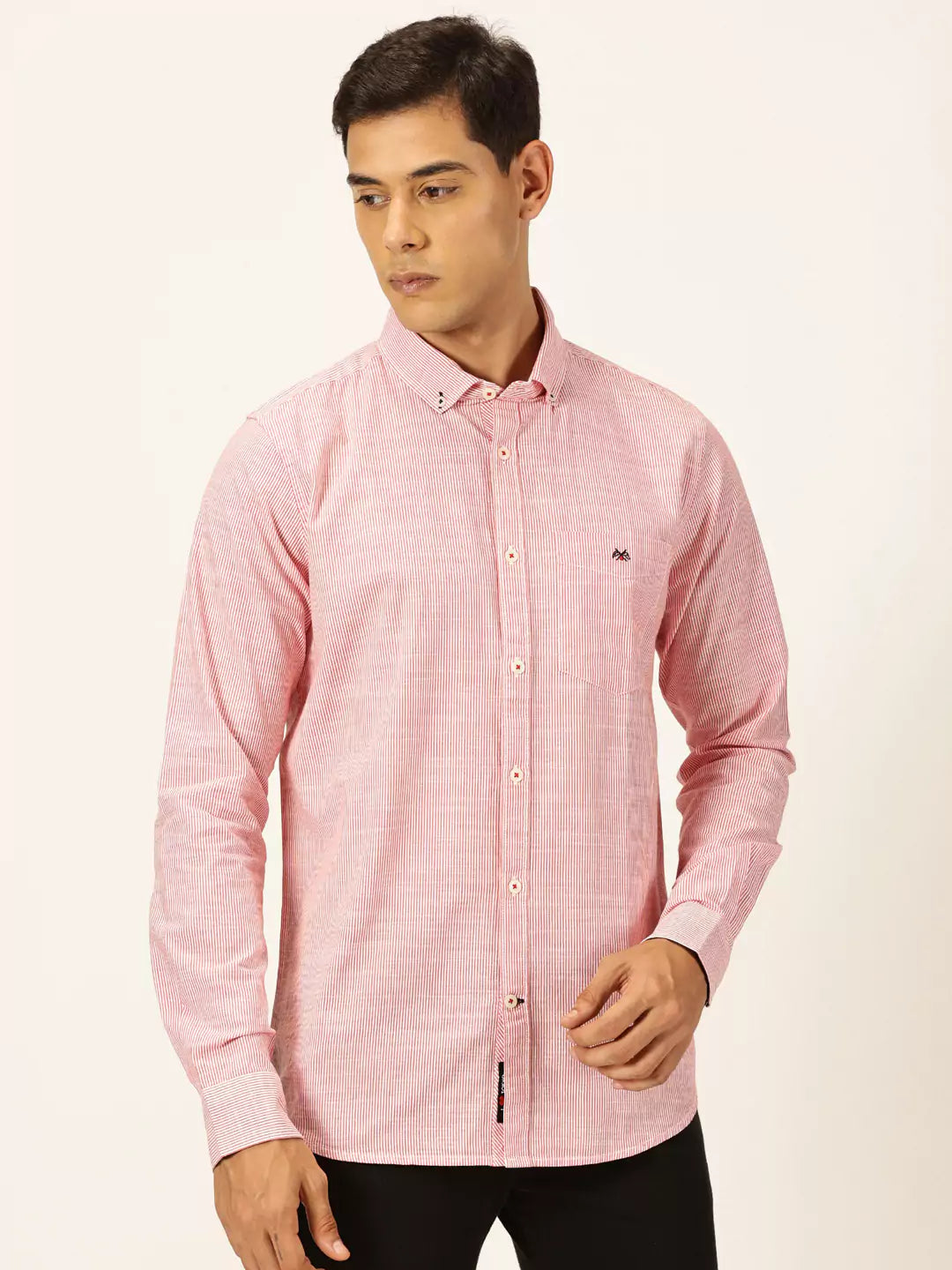 Thomas Scott Men Smart Pinstriped Button Down Collar Pure Cotton Casual Shirt