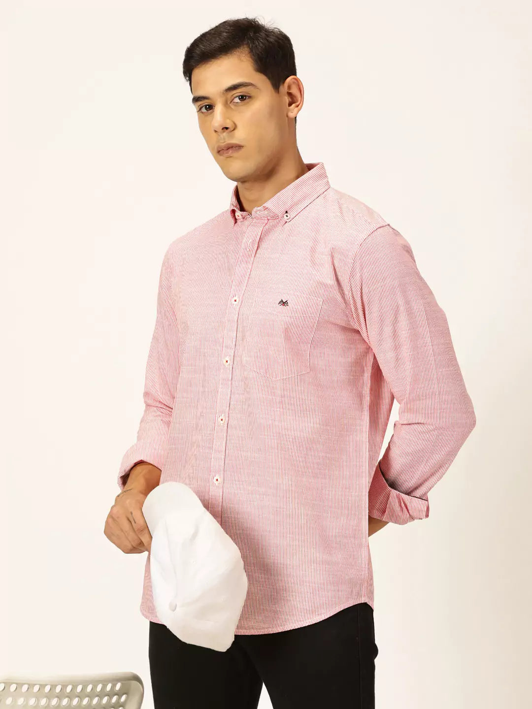 Thomas Scott Men Smart Pinstriped Button Down Collar Pure Cotton Casual Shirt