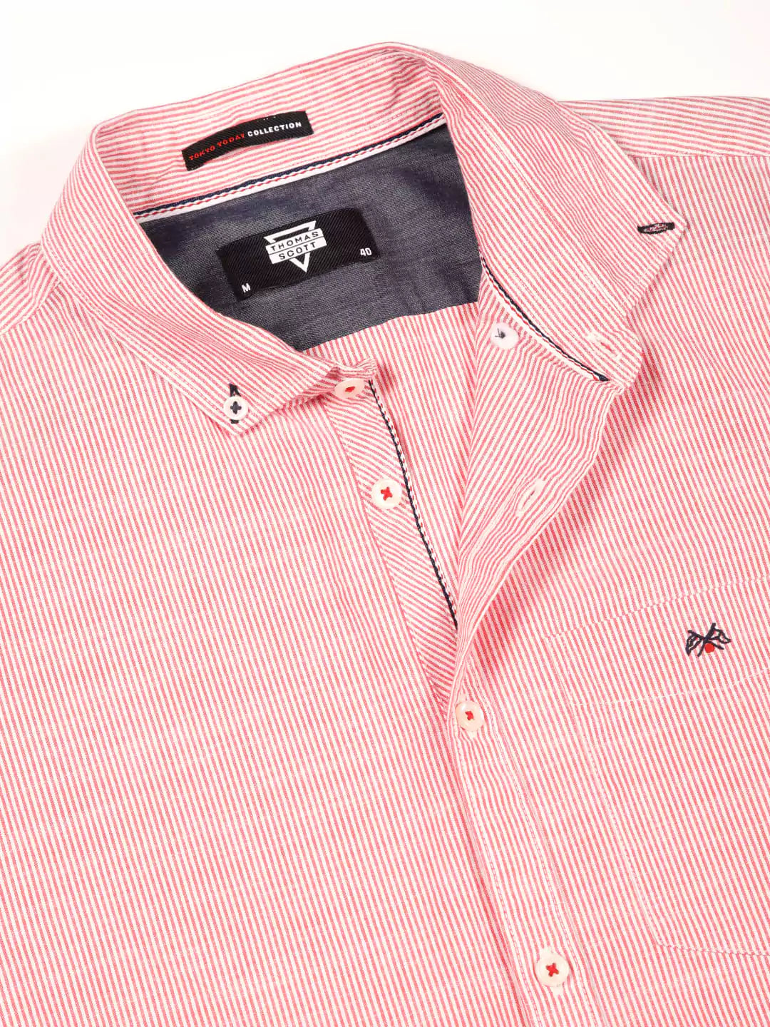 Thomas Scott Men Smart Pinstriped Button Down Collar Pure Cotton Casual Shirt