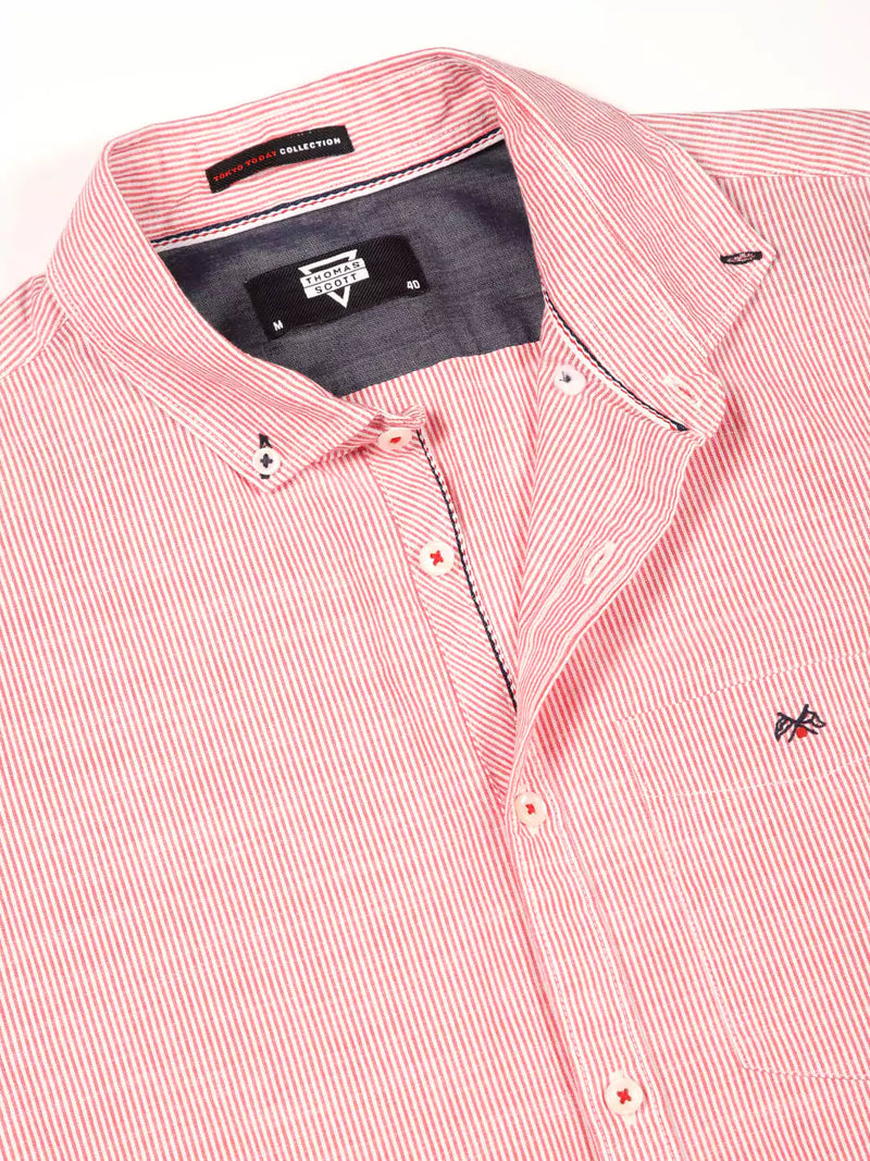 Thomas Scott Men Smart Pinstriped Button Down Collar Pure Cotton Casual Shirt