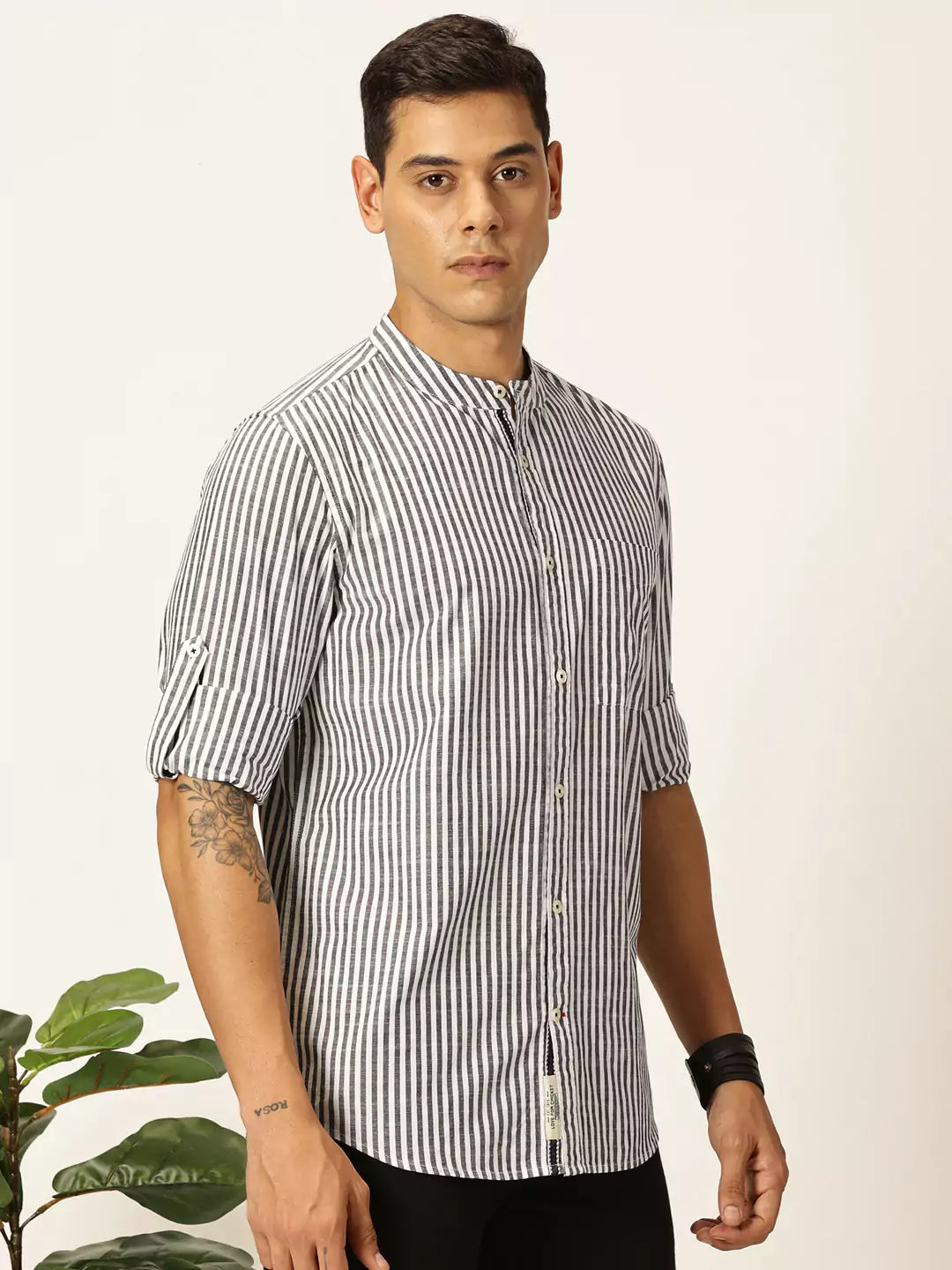 Thomas Scott Men Premium Striped Roll-Up Sleeves Mandarin Collar Casual Shirt